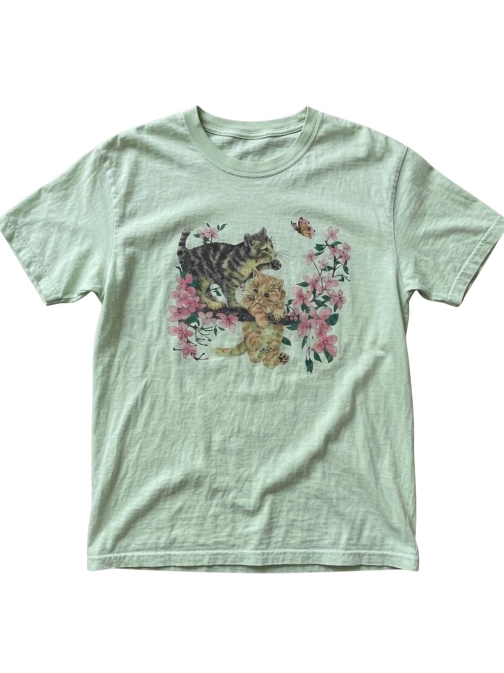 Gildan Mint Green Cat and Flowers Print T-Shirt